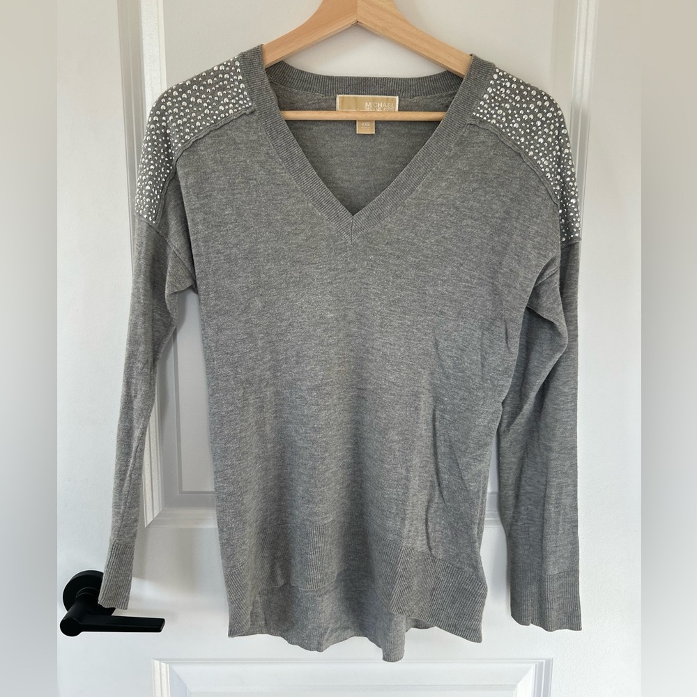 Michael Kors Gray V-Neck Sweater with Rhinestones